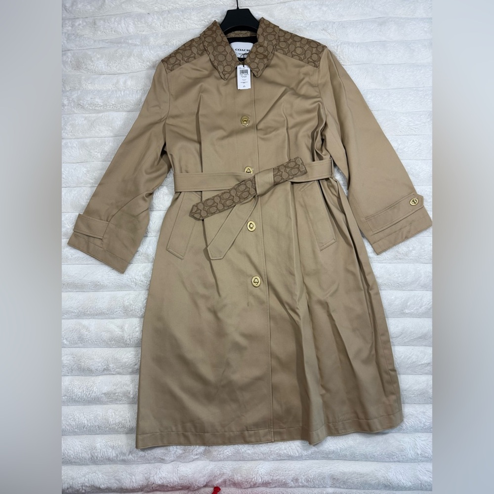 Coach Tan Trench Coat with Belted Waist and A-line Silhouette